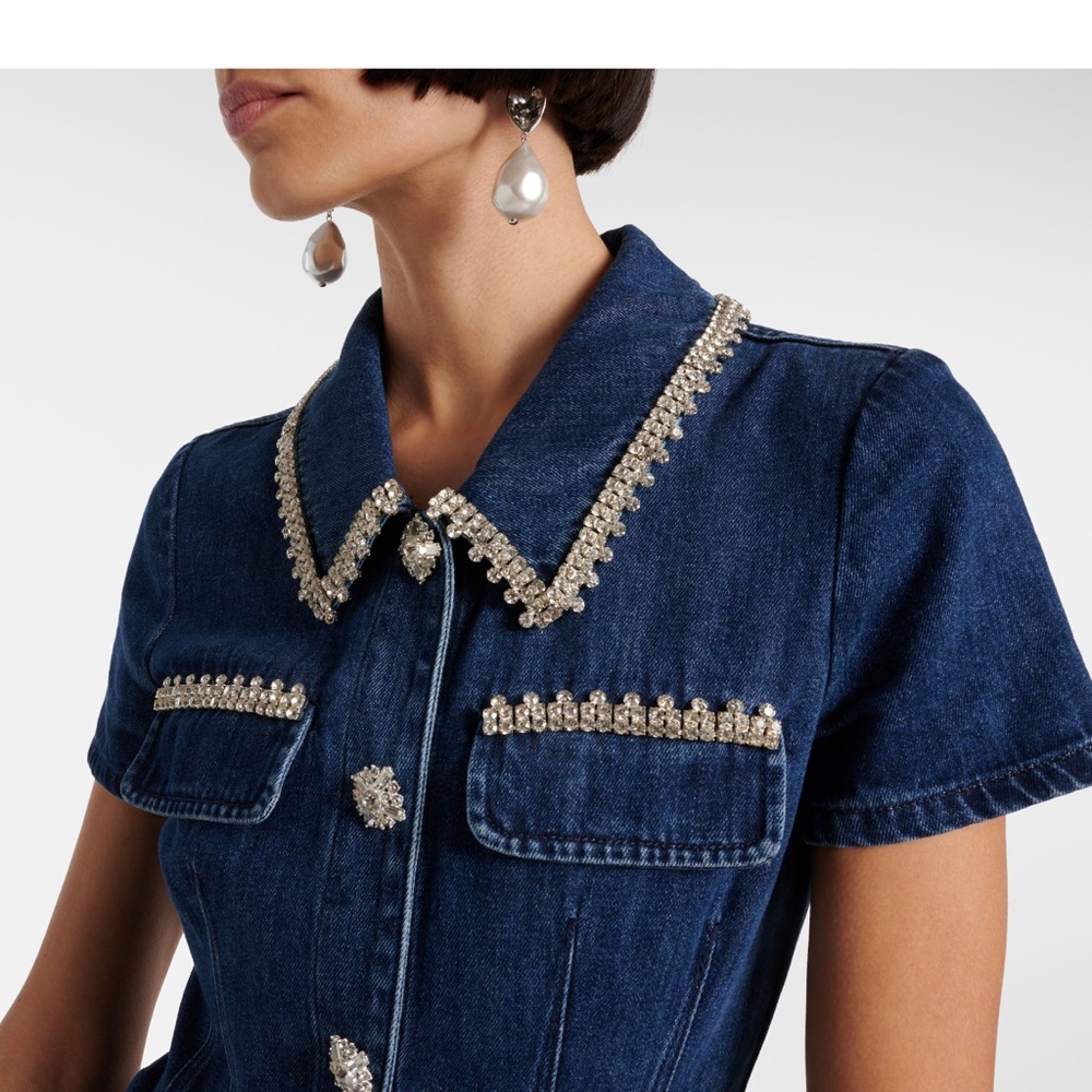 Self-Portrait Dark Blue Denim Mini Dress with Pearl Trim - Picture 5 of 6